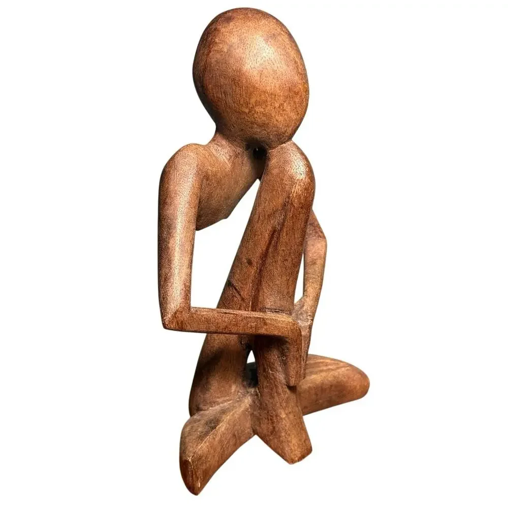 Vintage Hand Carved Wood Abstract Thinker Sculpture Modernist Seated Figurine